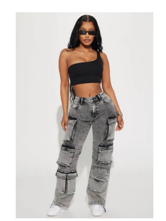 Fashion Nova Pants - Fairfax High Rise Stretch Cargo Jeans - Acid Wash Grey